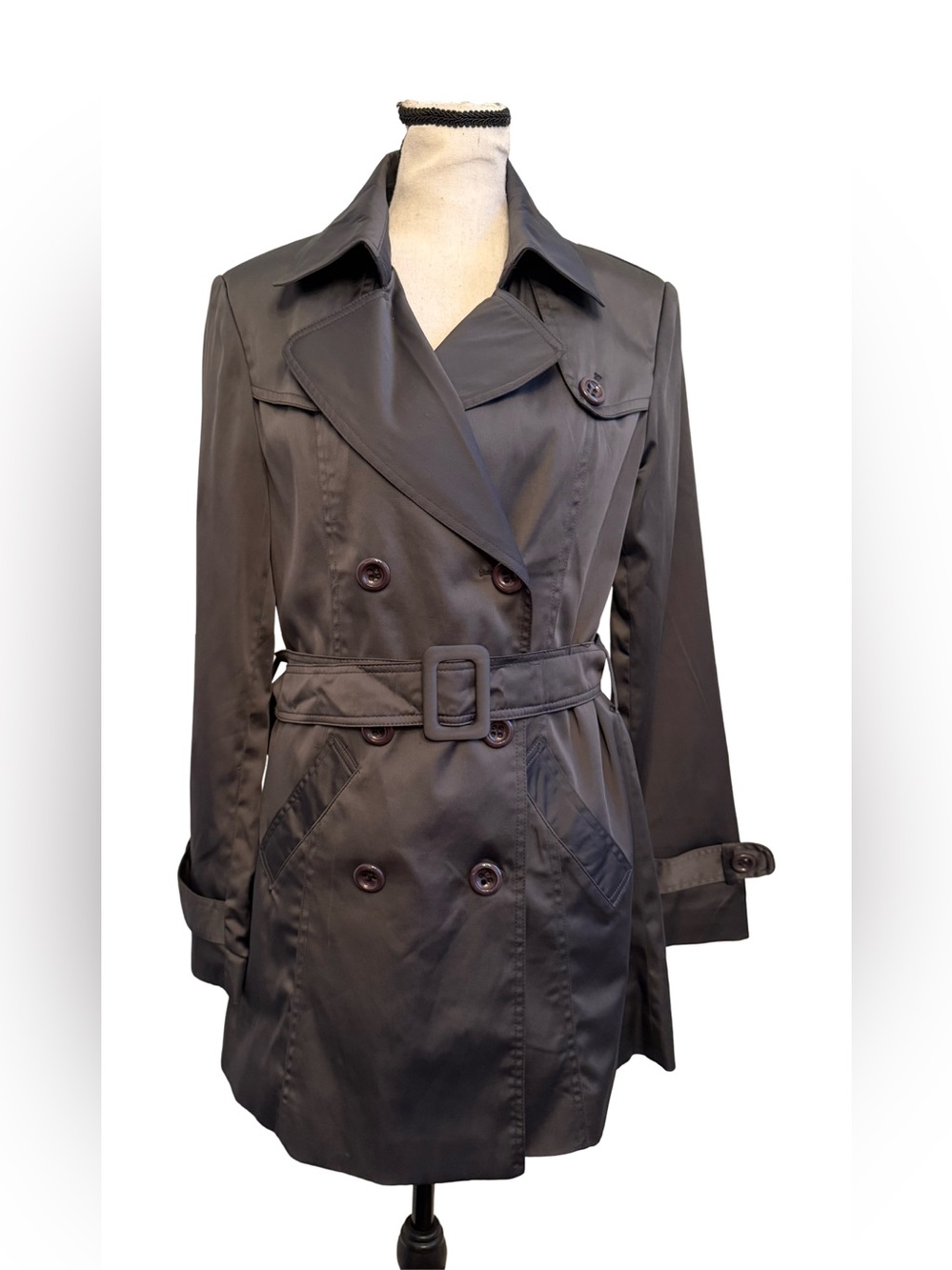 NWT Cielo Classic Black Trench Coat Belted Double Breasted Size L